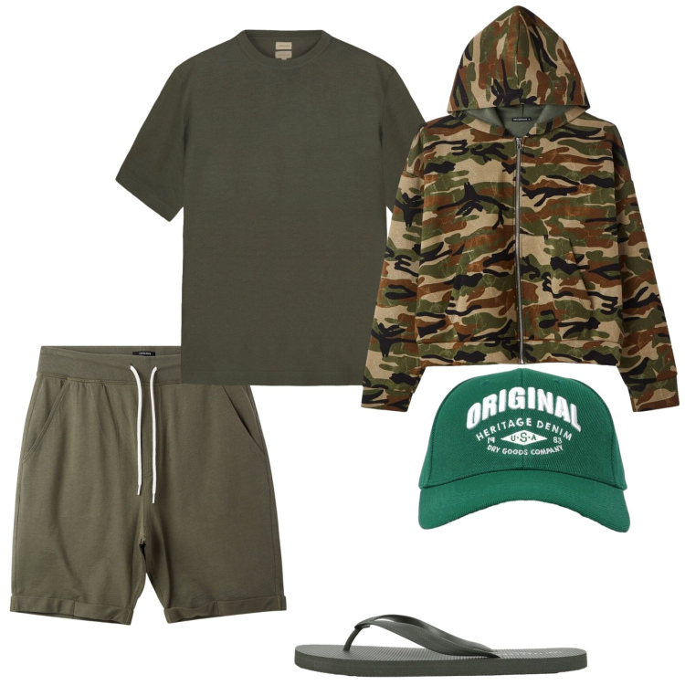 Outfit uomo - Total look #2402974. Stile Casual per Sport. Abbinamento con pantaloni corti, cappelli con visiera, felpe con cappuccio, sandali, t-shirt.