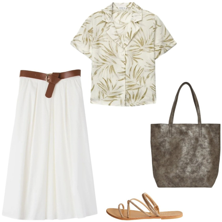 Outfit donna - Fresco bianco. Stile Boho per Tutti i giorni. Abbinamento con gonne longuette, camicie a manica corta, shopping bag, sandali.