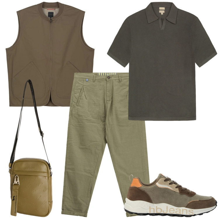 Outfit uomo - Total look #2402976. Stile Casual per Tutti i giorni. Abbinamento con pantaloni, borse sportive, sneakers, polo, gilet.