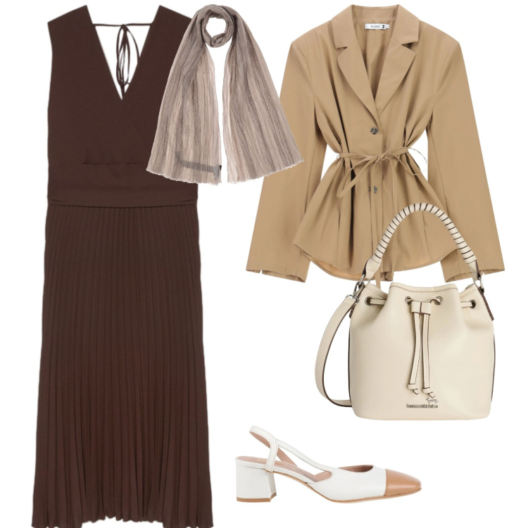 Outfit donna - Ci vediamo in piazzetta. per Tutti i giorni. Abbinamento con sciarpe, décolleté, borse a secchiello, blazer, vestiti midi/longuette.