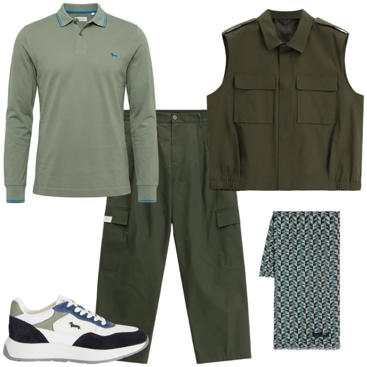 Outfit uomo - Total look #2402978. Stile Casual per Tutti i giorni. Abbinamento con gilet, pantaloni cargo, sneakers, sciarpe, polo.