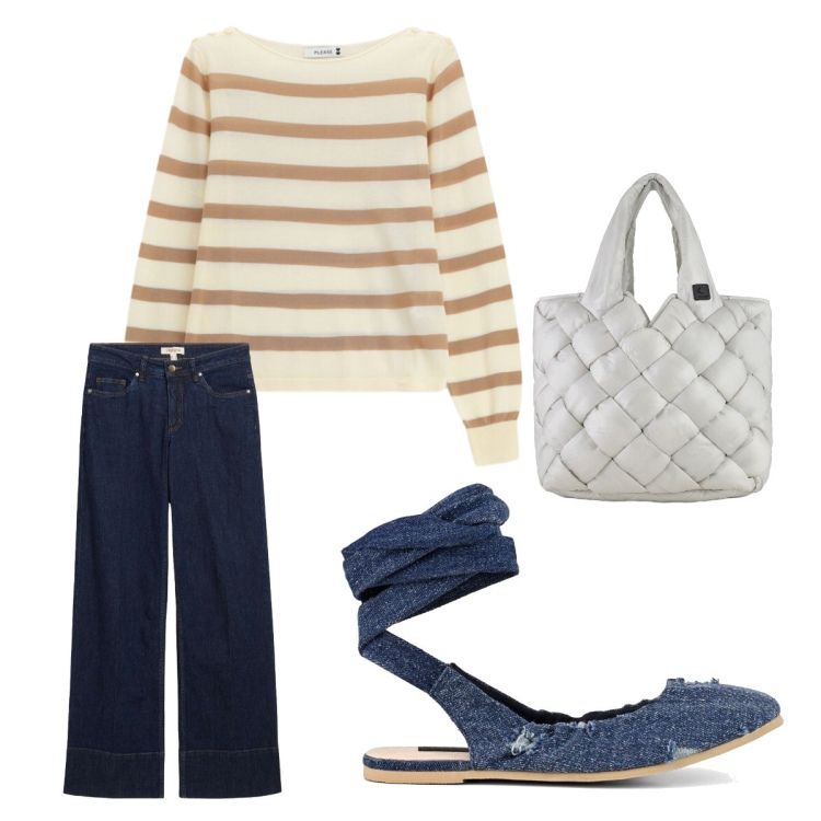 Outfit donna - Il beige incontra il blu navy. Stile Casual per Tutti i giorni. Abbinamento con jeans, maglieria, borse tote, ballerine.
