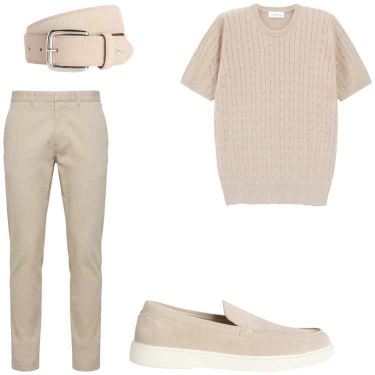 Outfit uomo - Comfort. Stile Trendy per Ufficio. Abbinamento con t-shirt, cinture, scarpe stringate, pantaloni.