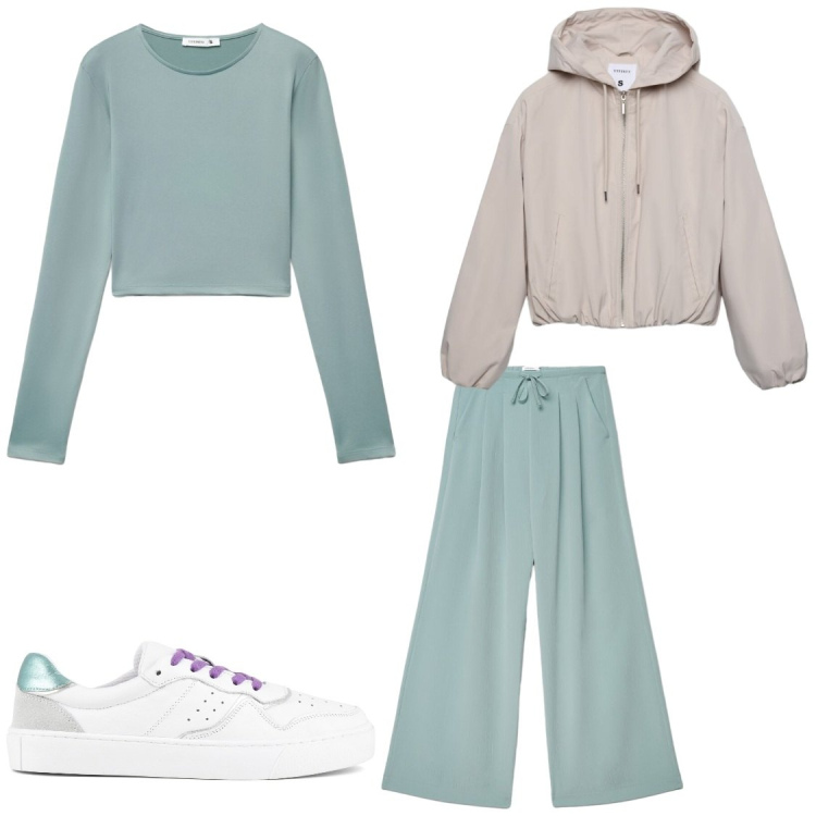 Outfit donna - Al parco. Stile Casual per Tutti i giorni. Abbinamento con t-shirt, bomber, pantaloni, sneakers.