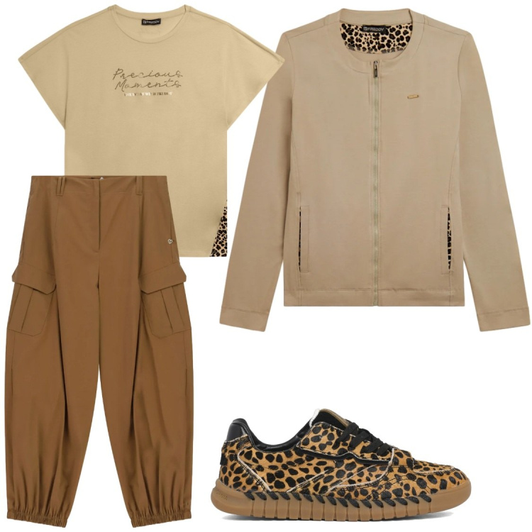 Outfit donna - Gite. Stile Casual chic per Tutti i giorni. Abbinamento con pantaloni cargo, felpe, t-shirt, sneakers.