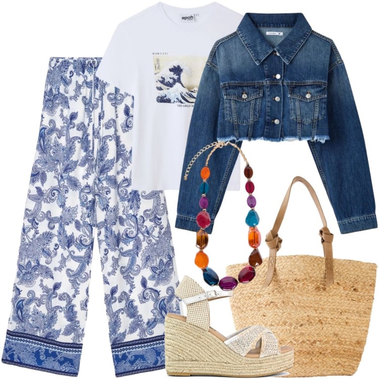 Outfit donna - Stampe che raccontano - Curvy. Stile Boho per Tutti i giorni. Abbinamento con shopping bag, pantaloni, t-shirt, cappotti, collane, zeppe.
