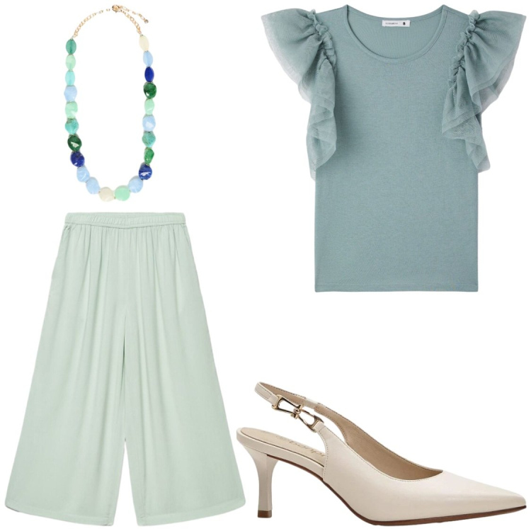 Outfit donna - Ufficio. Stile Chic per Ufficio. Abbinamento con décolleté, t-shirt, pantaloni a palazzo, collane.