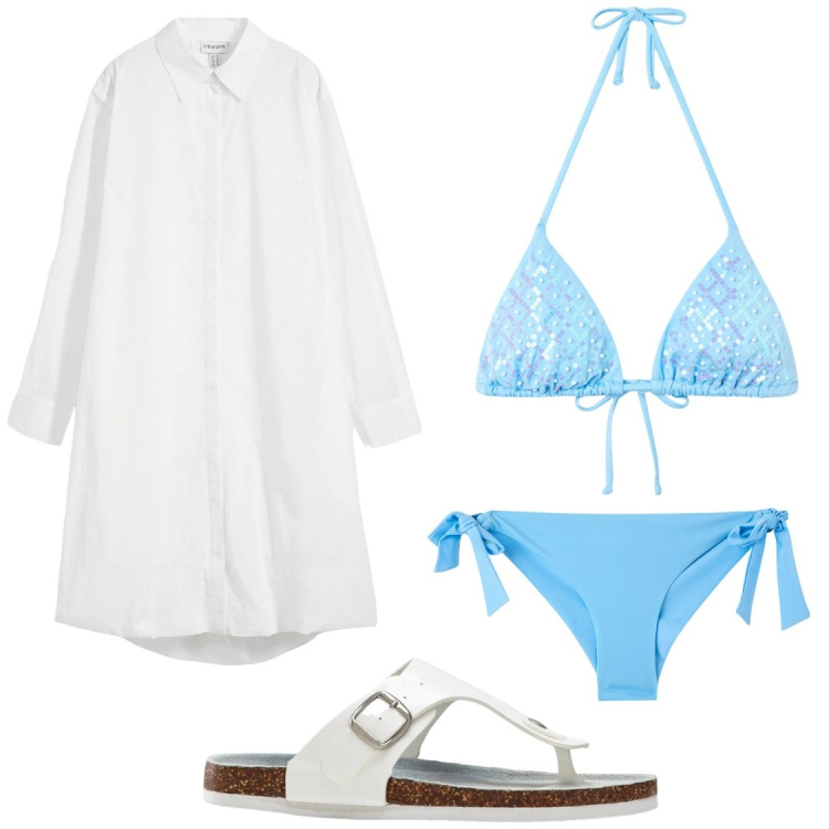 Outfit donna - Cosa metto in valigia. Stile Chic per Mare. Abbinamento con vestiti chemisier, infradito, bikini, bikini.