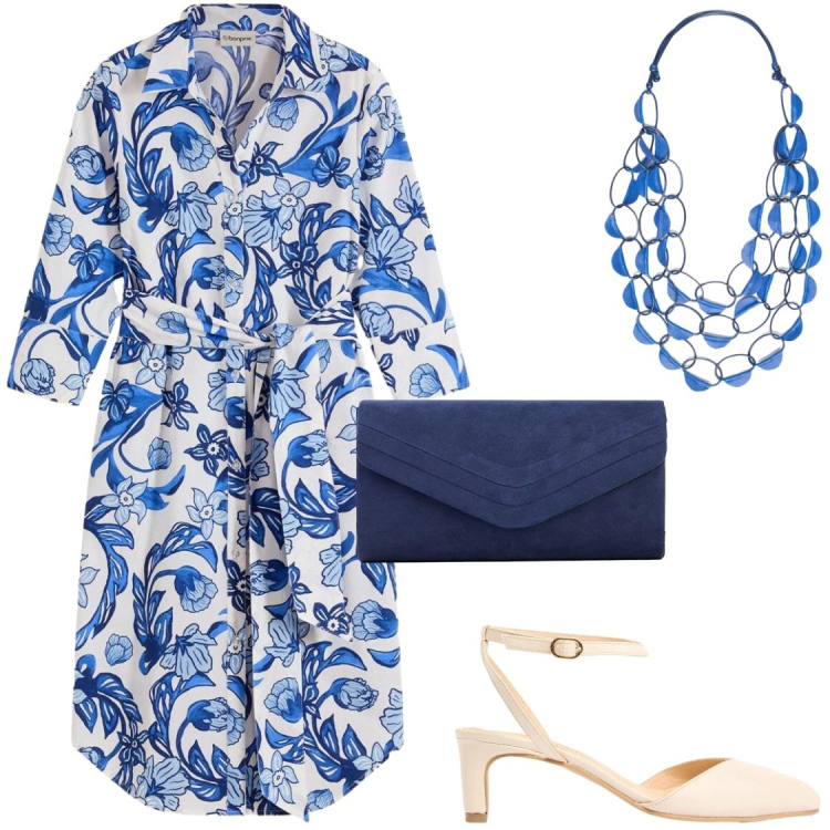 Outfit donna - In grecia. Stile Chic per Serata fuori. Abbinamento con vestiti chemisier, décolleté, clutch, collane.
