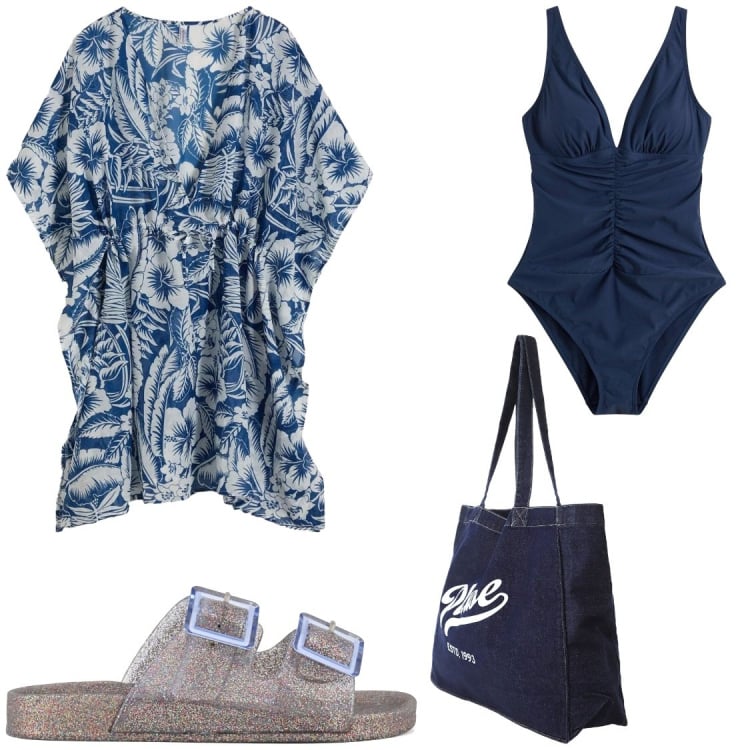 Outfit donna - Costume blu. Stile Chic per Mare. Abbinamento con costumi interi, vestiti da spiaggia, shopping bag, sandali.