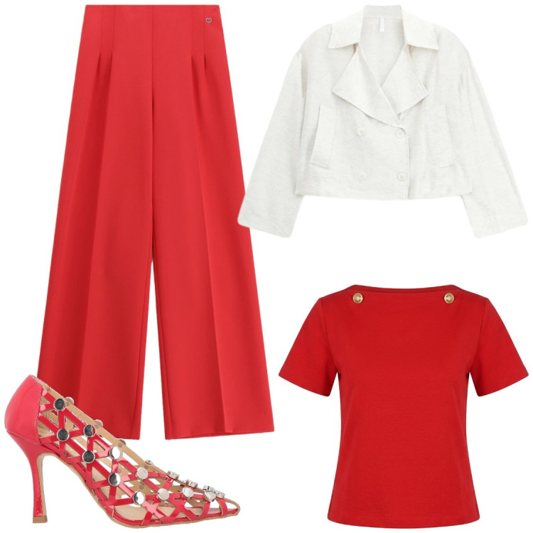 Outfit donna - Rosso. Stile Glamour per Serata fuori. Abbinamento con décolleté, t-shirt, blazer, pantaloni a palazzo.