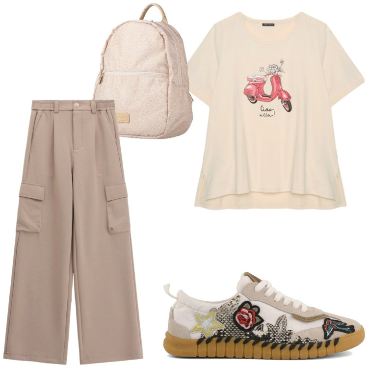 Outfit donna - Tempo libero tra cada e spese. Stile Casual per Tutti i giorni. Abbinamento con zaini, pantaloni cargo, t-shirt, sneakers.