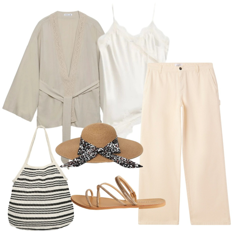 Outfit donna - Terranova White Boho Mood. Stile Boho per Tutti i giorni. Abbinamento con canottiere, pantaloni, sandali, kimono, cappelli, shopping bag.