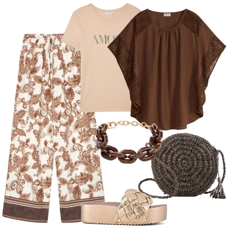 Outfit donna - Stampe che raccontano - Curvy. Stile Boho per Tutti i giorni. Abbinamento con tuniche, braccialetti, borse a tracolla, pantaloni, t-shirt, sandali.