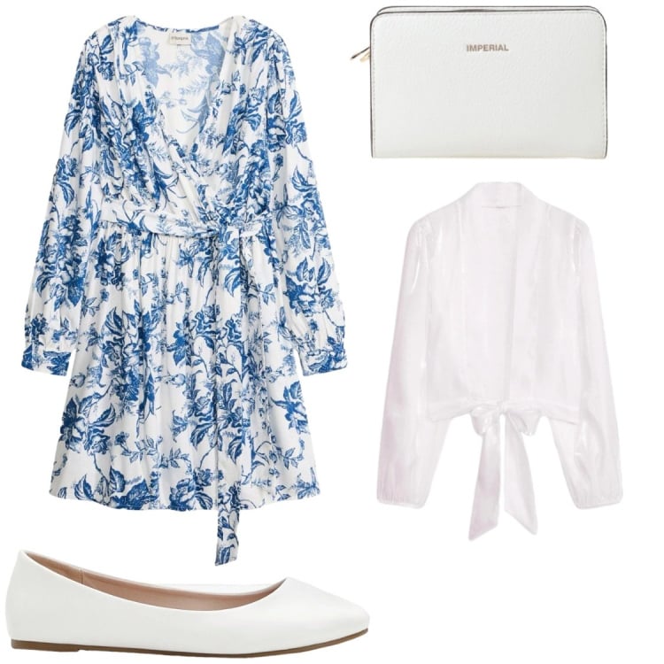 Outfit donna - Serate fine maggio. Stile Chic per Serata fuori. Abbinamento con vestiti, ballerine, kimono, borse a tracolla.