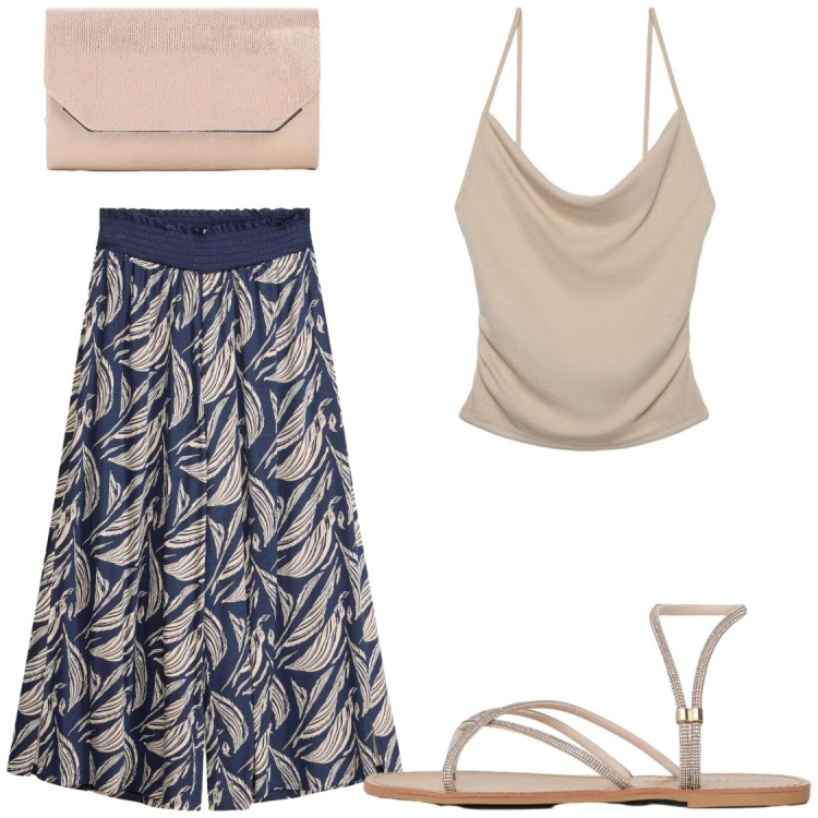 Outfit donna - Lo metto in valigia#eleganzaLowCost. Stile Chic per Serata fuori. Abbinamento con pantaloni, pochette, canottiere, sandali.
