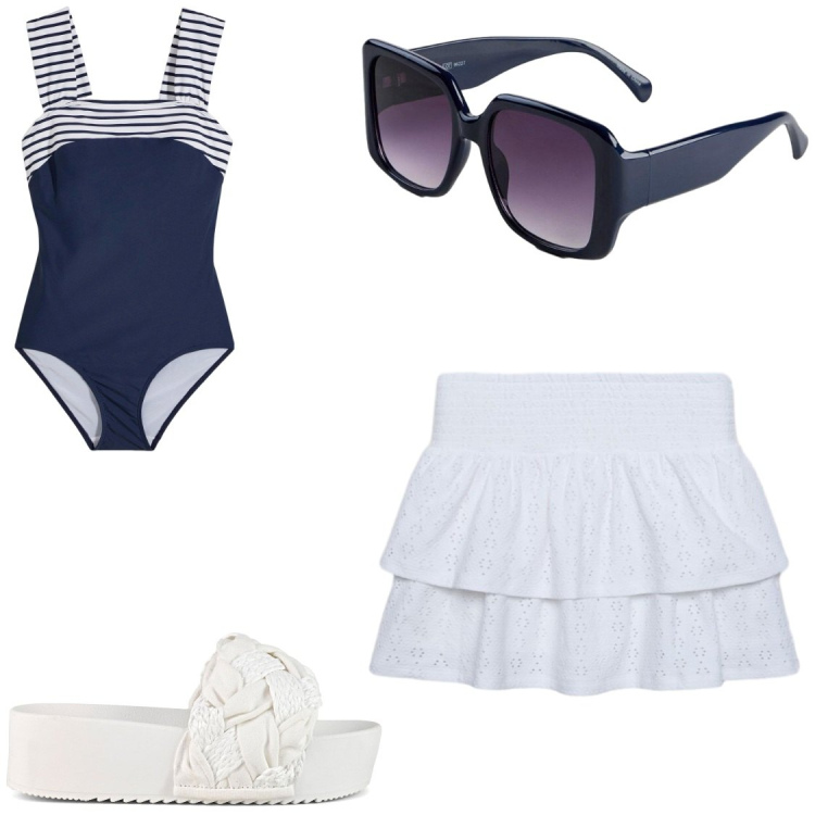 Outfit donna - Al villaggio. Stile Chic per Mare. Abbinamento con costumi interi, occhiali da sole, minigonne, ciabatte.