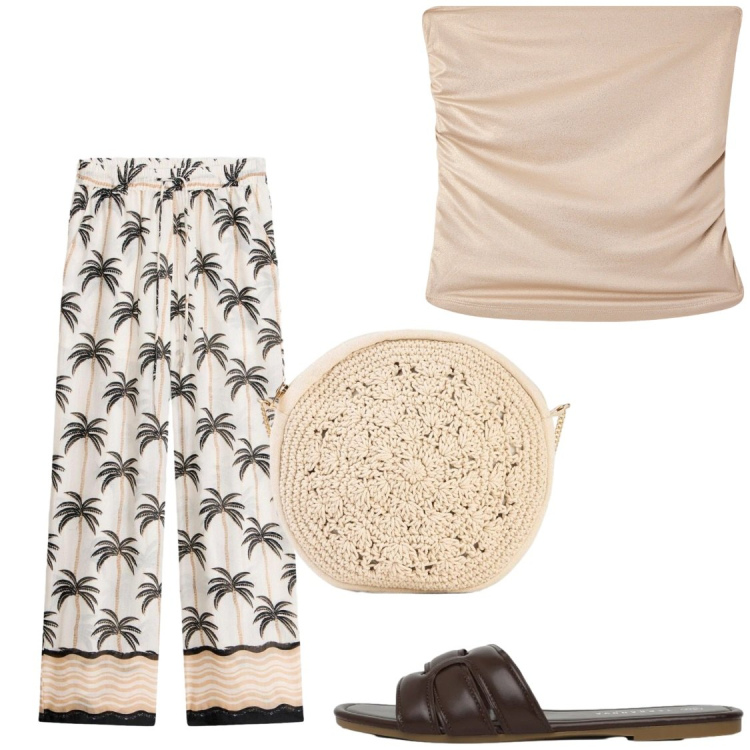 Outfit donna - Total look #2403038. Stile Chic per Serata fuori. Abbinamento con borse a tracolla, pantaloni a palazzo, top, ciabatte.