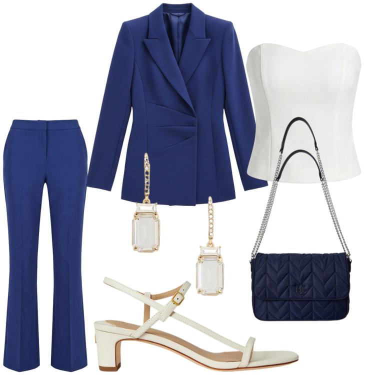 Outfit donna - L\'Invitata perfetta sei tu. Stile Chic per Cerimonia. Abbinamento con pantaloni, blazer, top, orecchini, borse a tracolla, sandali in pelle.