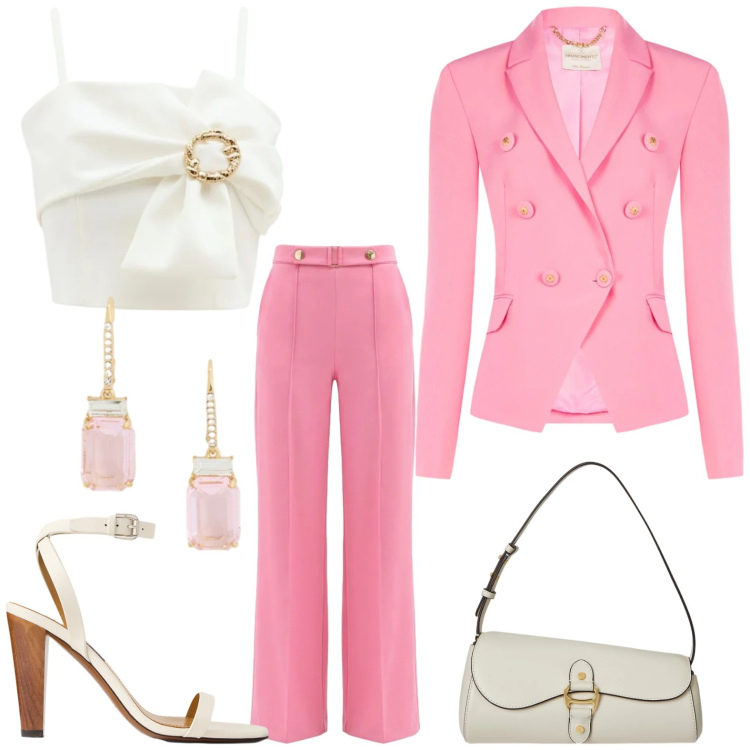 Outfit donna - L\'Invitata perfetta sei tu. Stile Chic per Cerimonia. Abbinamento con blazer, top, pantaloni a palazzo, sandali in pelle, borse a spalla, orecchini.