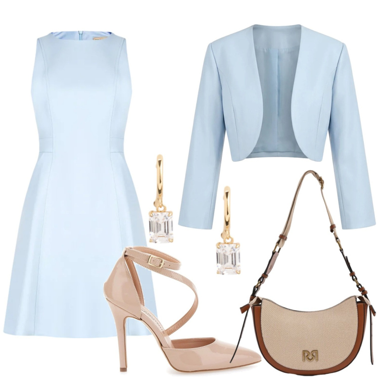 Outfit donna - L\'Invitata perfetta sei tu. Stile Chic per Cerimonia. Abbinamento con borse a tracolla, vestiti corti, bolero, orecchini, décolleté.