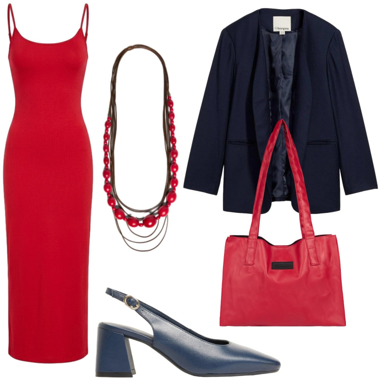 Outfit donna - La tendenza del color block. Stile Urban per Ufficio. Abbinamento con blazer, décolleté, vestiti lunghi, collane, shopping bag.