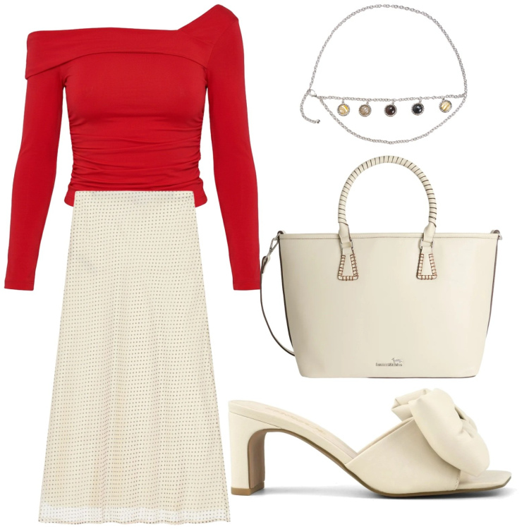 Outfit donna - Maggio mi voglio vestire. Stile Casual per Ufficio. Abbinamento con cinture, shopping bag, gonne lunghe, t-shirt, sandali col tacco.