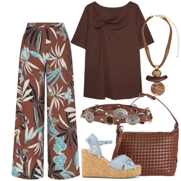 Outfit donna - Stampe che raccontano - Curvy. Stile Boho per Tutti i giorni. Abbinamento con cinture, borse a spalla, pantaloni a palazzo, ciondoli, t-shirt, zeppe.