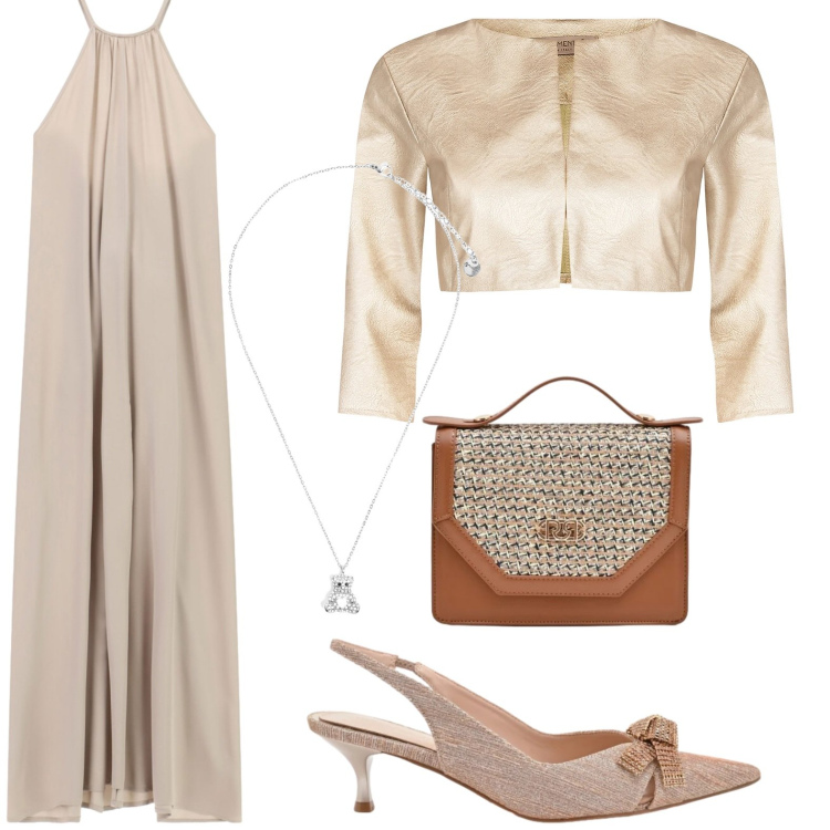 Outfit donna - Abito lungo per la cerimonia. Stile Chic per Cerimonia. Abbinamento con vestiti lunghi, décolleté, bolero, pochette, ciondoli.