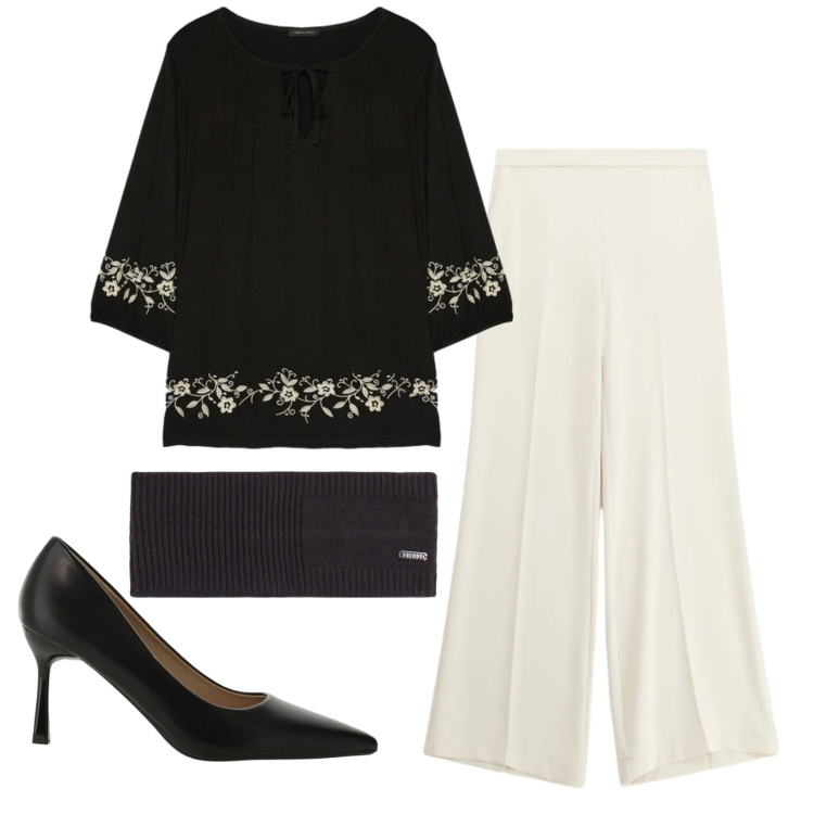 Outfit donna - Total look #2403059. Stile Chic per Serata fuori. Abbinamento con pantaloni a palazzo, décolleté, accessori per capelli, bluse.