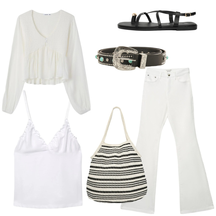 Outfit donna - Vibes boho chic. Stile Boho per Tutti i giorni. Abbinamento con jeans a zampa, shopping bag, bluse, cinture, sandali, canottiere.