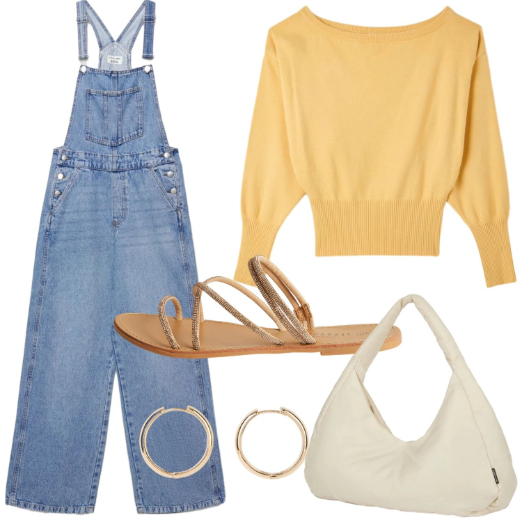 Outfit donna - Salopette morbida. Stile Glamour per Tutti i giorni. Abbinamento con orecchini, pullovers, sandali, salopette, borse a spalla.