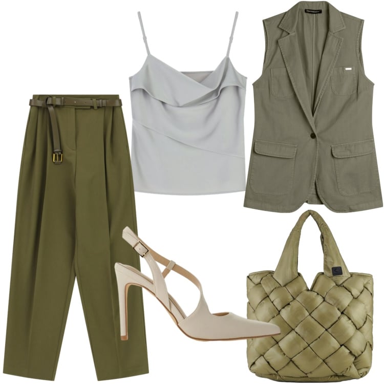 Outfit donna - Il gilet oliva. Stile Urban per Ufficio. Abbinamento con pantaloni a palazzo, canottiere, décolleté, borse tote, gilet.