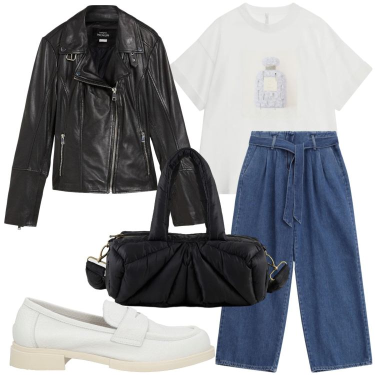 Outfit donna - Jeans con cintura. Stile Glamour per Tutti i giorni. Abbinamento con mocassini, giacche, t-shirt, jeans, borse a mano.