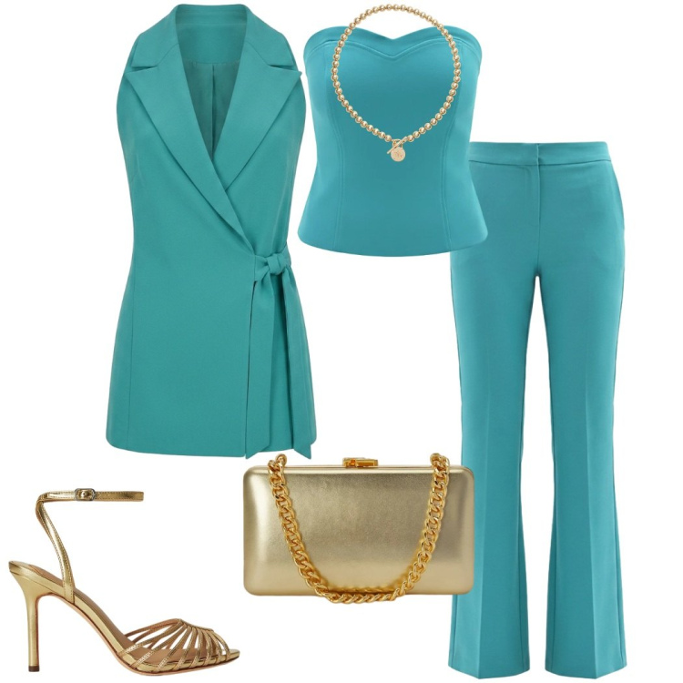 Outfit donna - L\' inviata perfetta. Stile Chic per Cerimonia. Abbinamento con gilet, pantaloni a palazzo, top, clutch, sandali in pelle, collane.