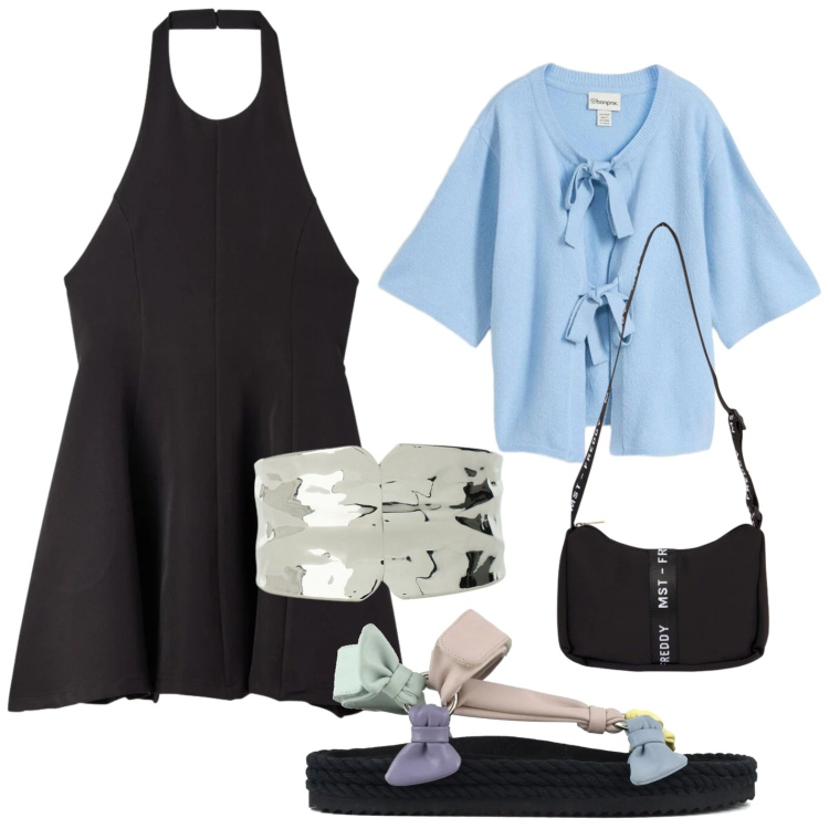 Outfit donna - Il bracciale luminoso. Stile Basic per Serata fuori. Abbinamento con cardigans, vestiti corti, braccialetti, borse a tracolla, sandali.