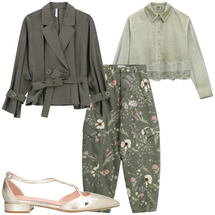 Outfit donna - Sabati sera. Stile Casual chic per Serata fuori. Abbinamento con ballerine, blazer, pantaloni cargo, camicie.