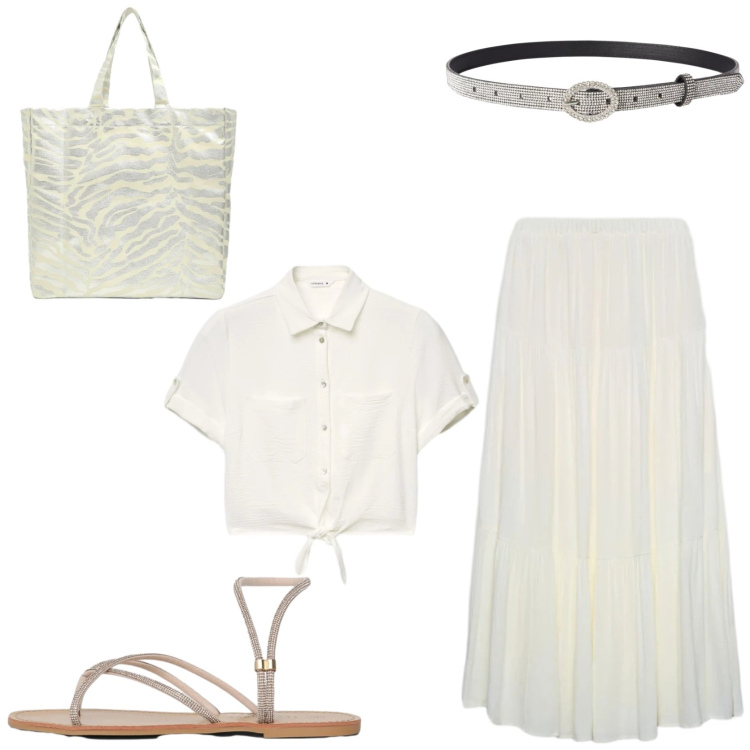 Outfit donna - Urban Boho style. Stile Boho per Tutti i giorni. Abbinamento con cinture, camicie a manica corta, sandali, shopping bag, gonne lunghe.