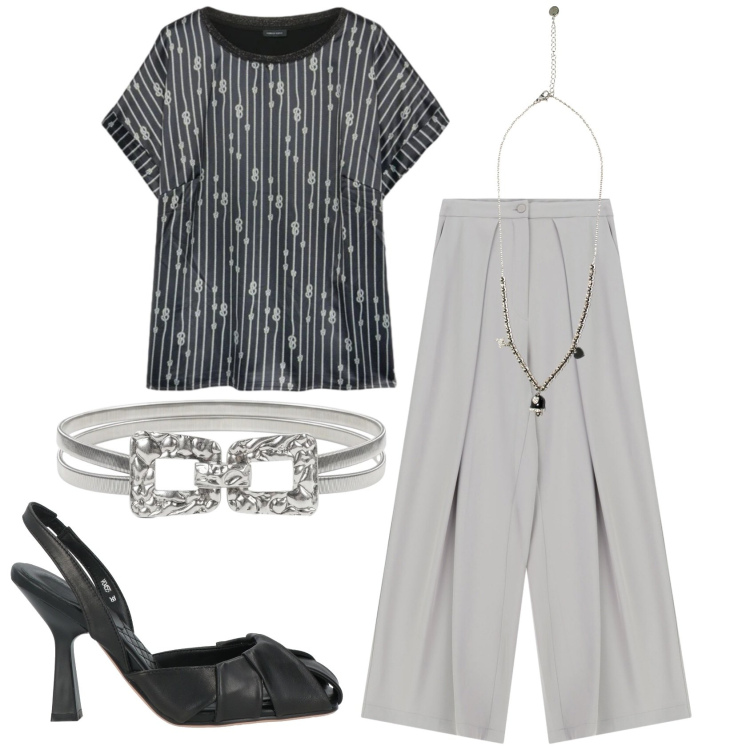 Outfit donna - Total look #2403074. Stile Chic per Serata fuori. Abbinamento con décolleté, cinture, pantaloni a palazzo, ciondoli, t-shirt.