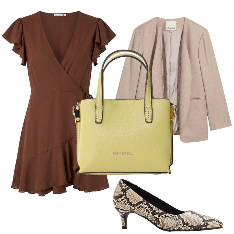 Outfit donna - Rouches romantiche. Stile Casual per Ufficio. Abbinamento con blazer, décolleté, vestiti corti, borse a tracolla.