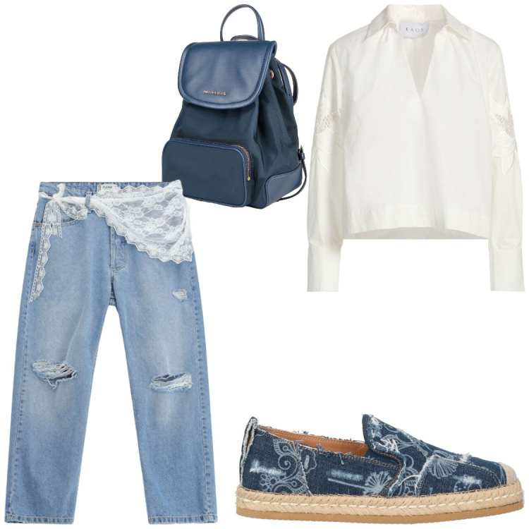 Outfit donna - Universita. Stile Chic per Scuola/Università. Abbinamento con espadrillas, top, zaini, jeans strappati.