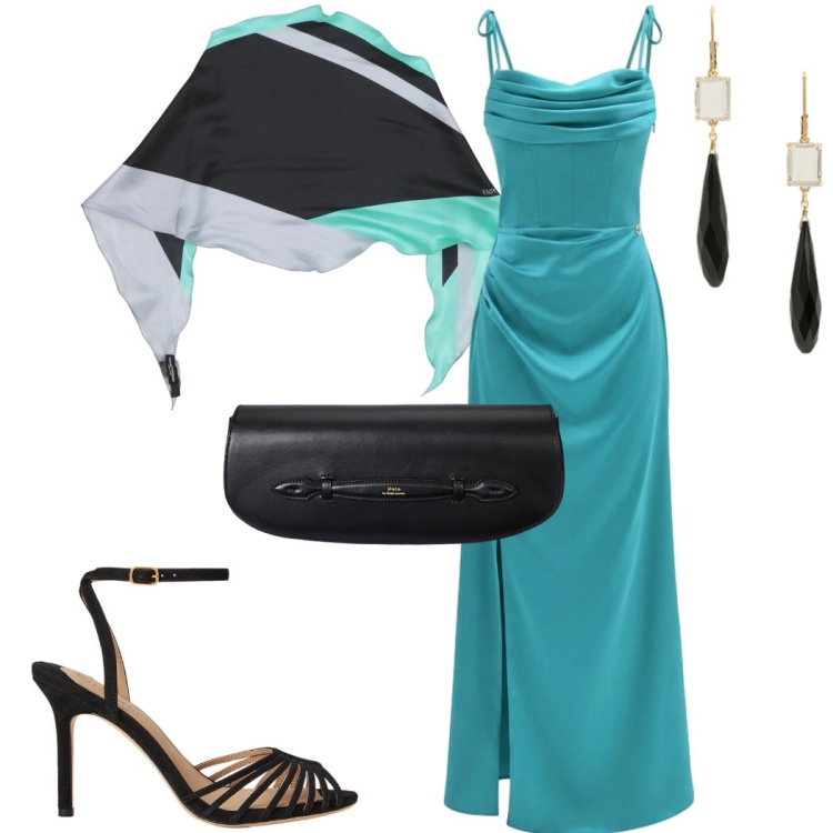 Outfit donna - L\' inviata perfetta. Stile Chic per Cerimonia. Abbinamento con stole, vestiti lunghi, clutch, sandali col tacco, orecchini.