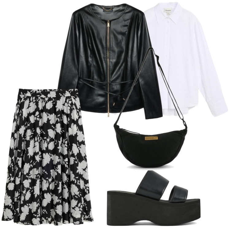 Outfit donna - Pelle e fiori. Stile Casual per Tutti i giorni. Abbinamento con gonne lunghe, camicie, blazer, borse a tracolla, zeppe.