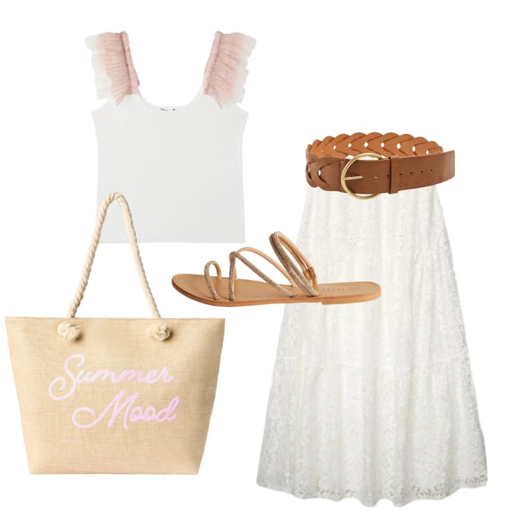Outfit donna - Maggio. Stile Boho per Tutti i giorni. Abbinamento con canottiere, gonne lunghe, cinture, sandali, borse tote.