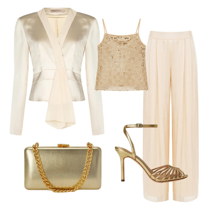 Outfit donna - Cerimonia sofisticata. Stile Chic per Cerimonia. Abbinamento con pantaloni a palazzo, canottiere, blazer, clutch, sandali in pelle.