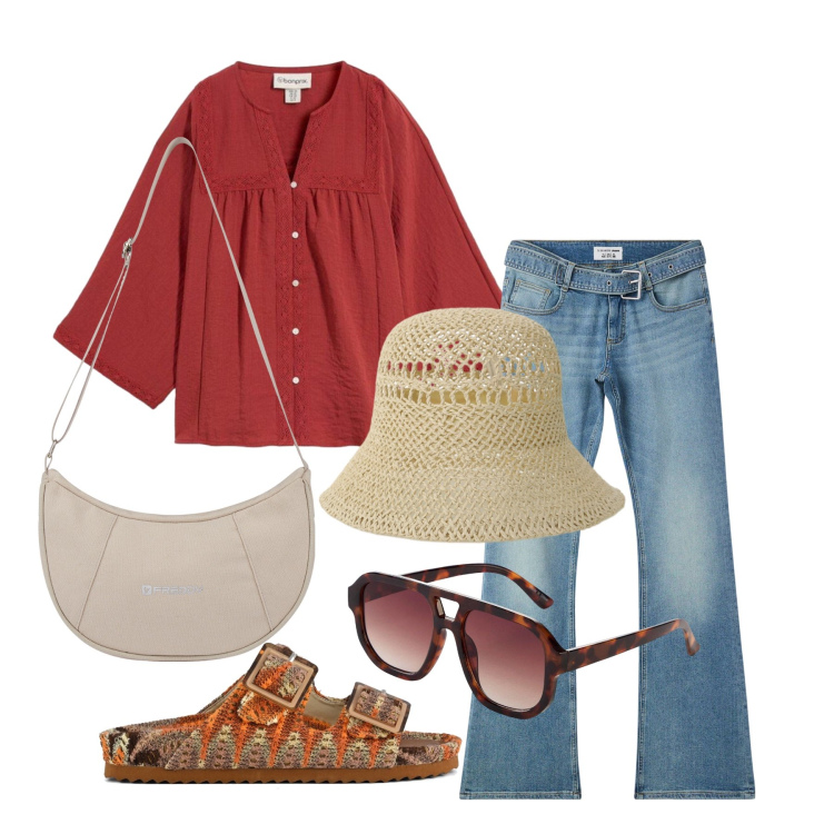 Outfit donna - Maggio. Stile Casual chic per Tutti i giorni. Abbinamento con occhiali da sole, camicie, jeans a zampa, cappelli, borse a spalla, sandali.