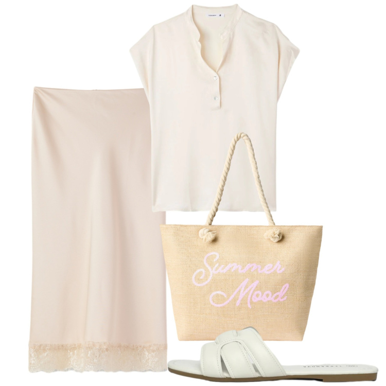 Outfit donna - Terranova White Boho Mood. Stile Boho per Tutti i giorni. Abbinamento con gonne longuette, canottiere, borse tote, ciabatte.