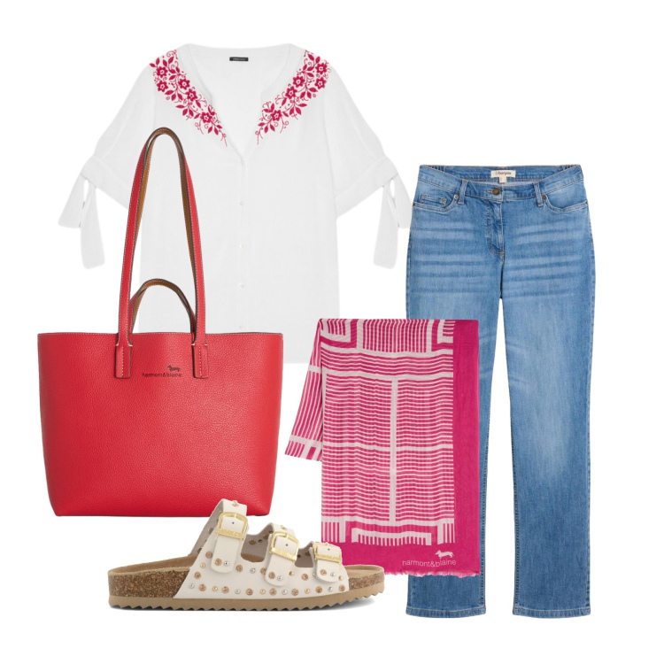 Outfit donna - Maggio. Stile Casual per Tutti i giorni. Abbinamento con jeans dritti, shopping bag, sciarpe, bluse, sandali.