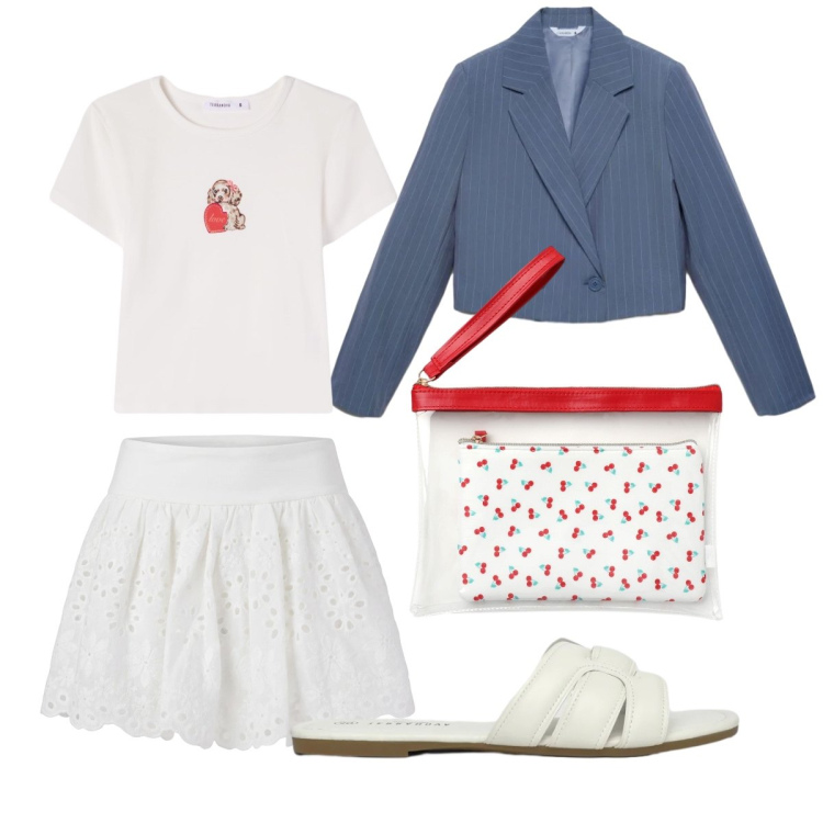Outfit donna - La minigonna in sangallo. Stile Trendy per Tutti i giorni. Abbinamento con minigonne, t-shirt, blazer, ciabatte, pochette.