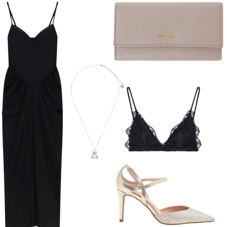 Outfit donna - Evento speciale in nero. Stile Glamour per Cerimonia. Abbinamento con reggiseni, vestiti lunghi, portafogli, décolleté, ciondoli.